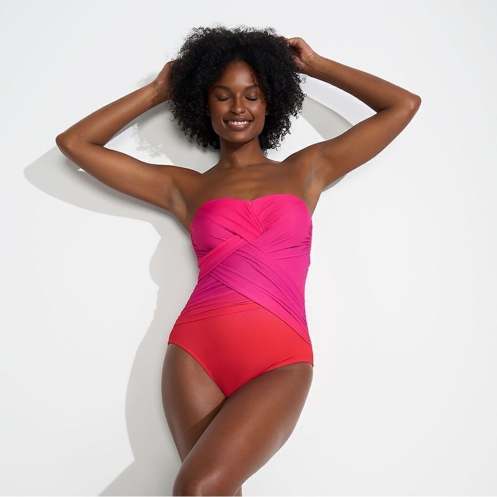 Land's End Plus size One piece Bandeau Slendersuit pink multi ombre Various Size